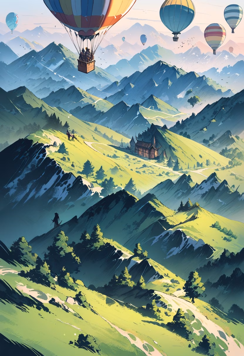 Balloon Over The Valley — view 2 — colorful hot air balloon, drifting above a patchwork countryside valley, faint morning mist settled in the fields, golde