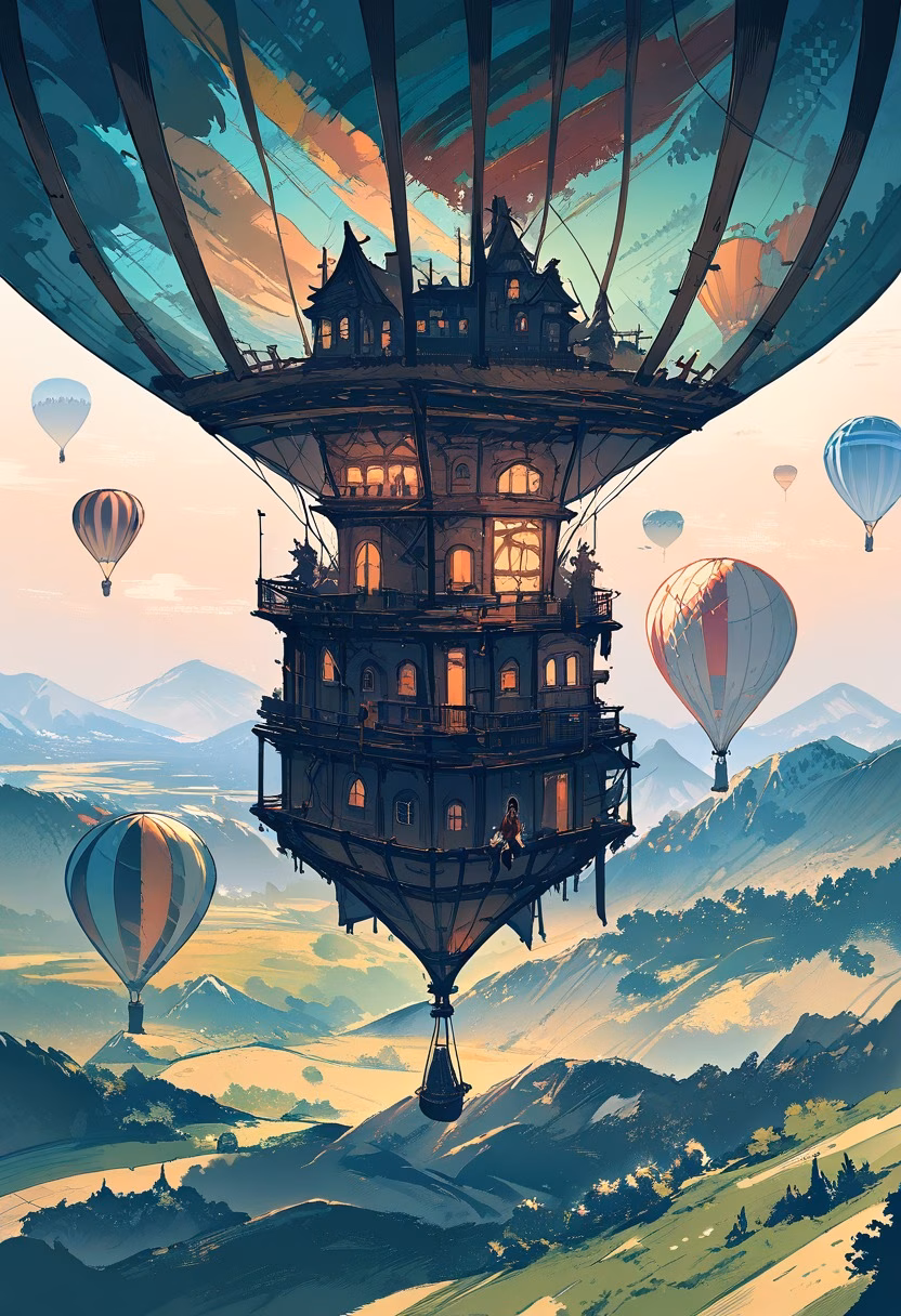 Balloon Over The Valley — view 3 — colorful hot air balloon, drifting above a patchwork countryside valley, faint morning mist settled in the fields, golde