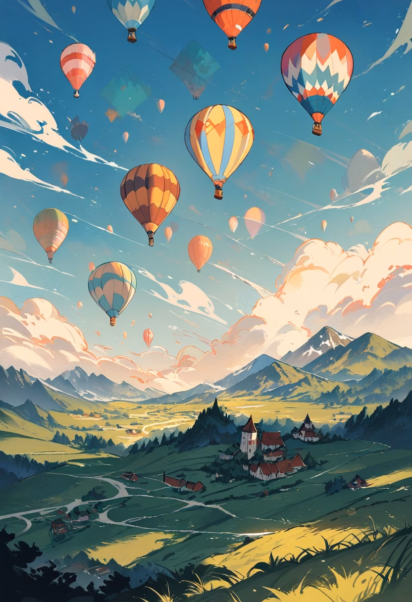 Balloon Over The Valley — view 4 — colorful hot air balloon, drifting above a patchwork countryside valley, faint morning mist settled in the fields, golde