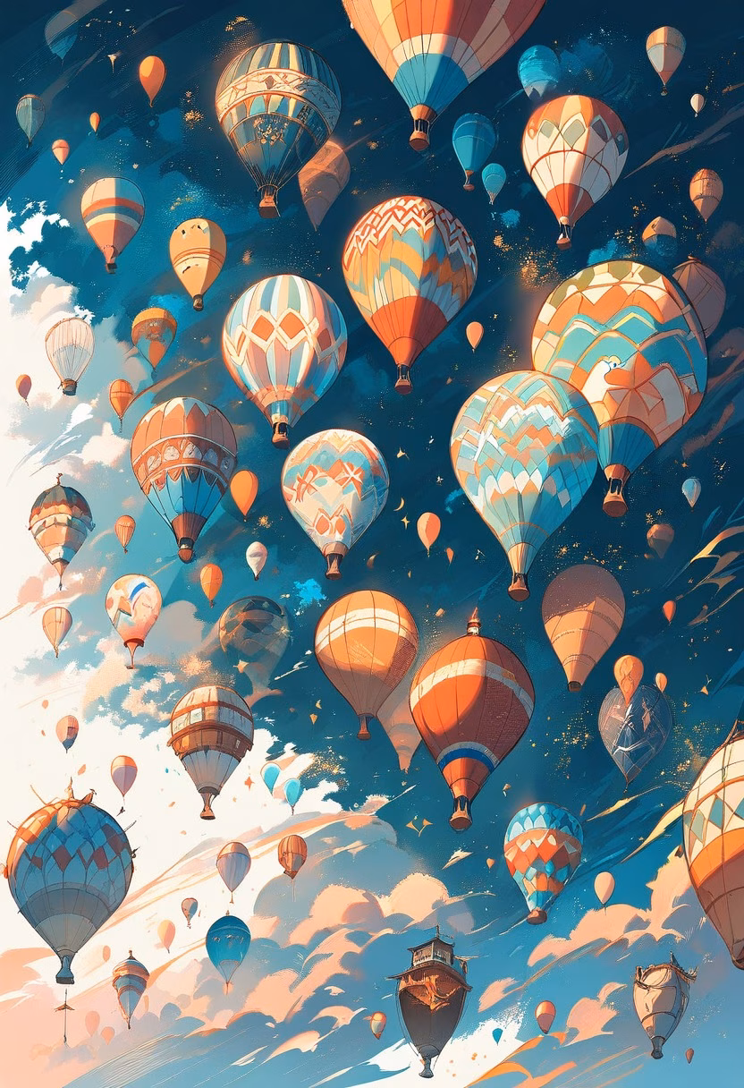 Balloon Over The Valley — view 5 — colorful hot air balloon, drifting above a patchwork countryside valley, faint morning mist settled in the fields, golde