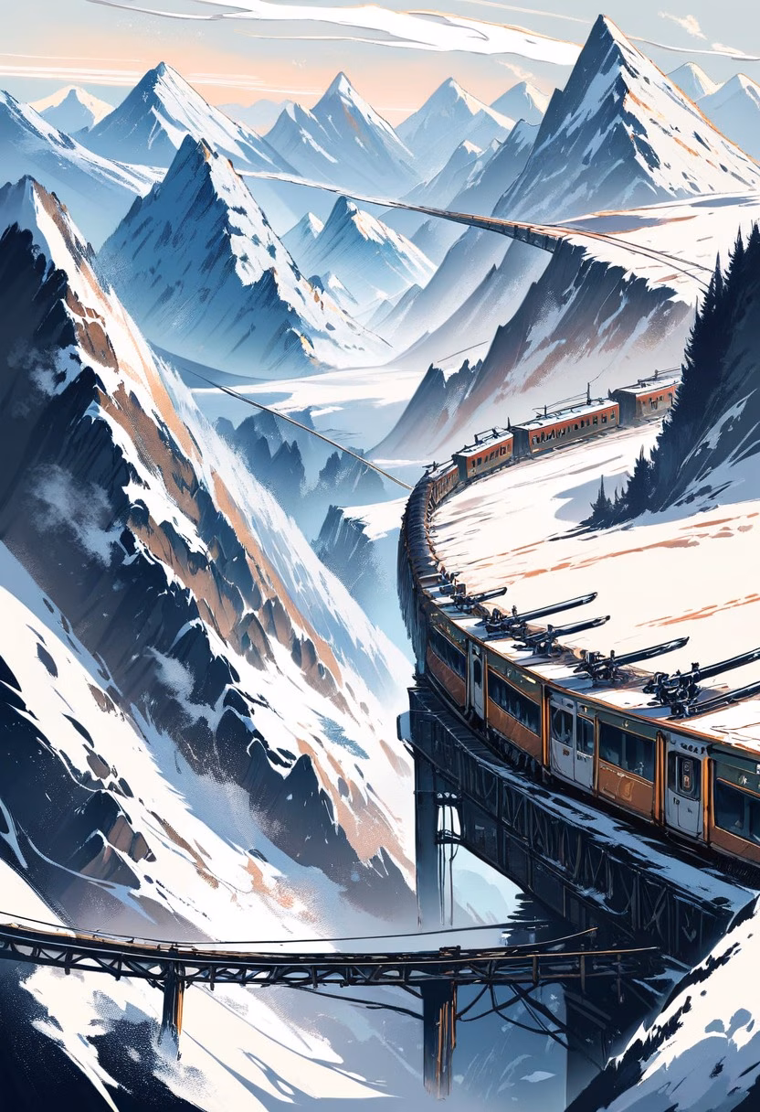 Mountain Train At Dusk — view 1 — vintage mountain train, winding along a steep alpine railway, faint clouds hugging distant snowy peaks, dusky lavender l