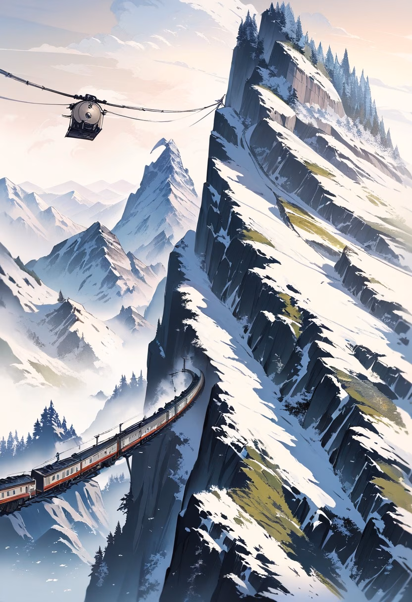 Mountain Train At Dusk — view 3 — vintage mountain train, winding along a steep alpine railway, faint clouds hugging distant snowy peaks, dusky lavender l