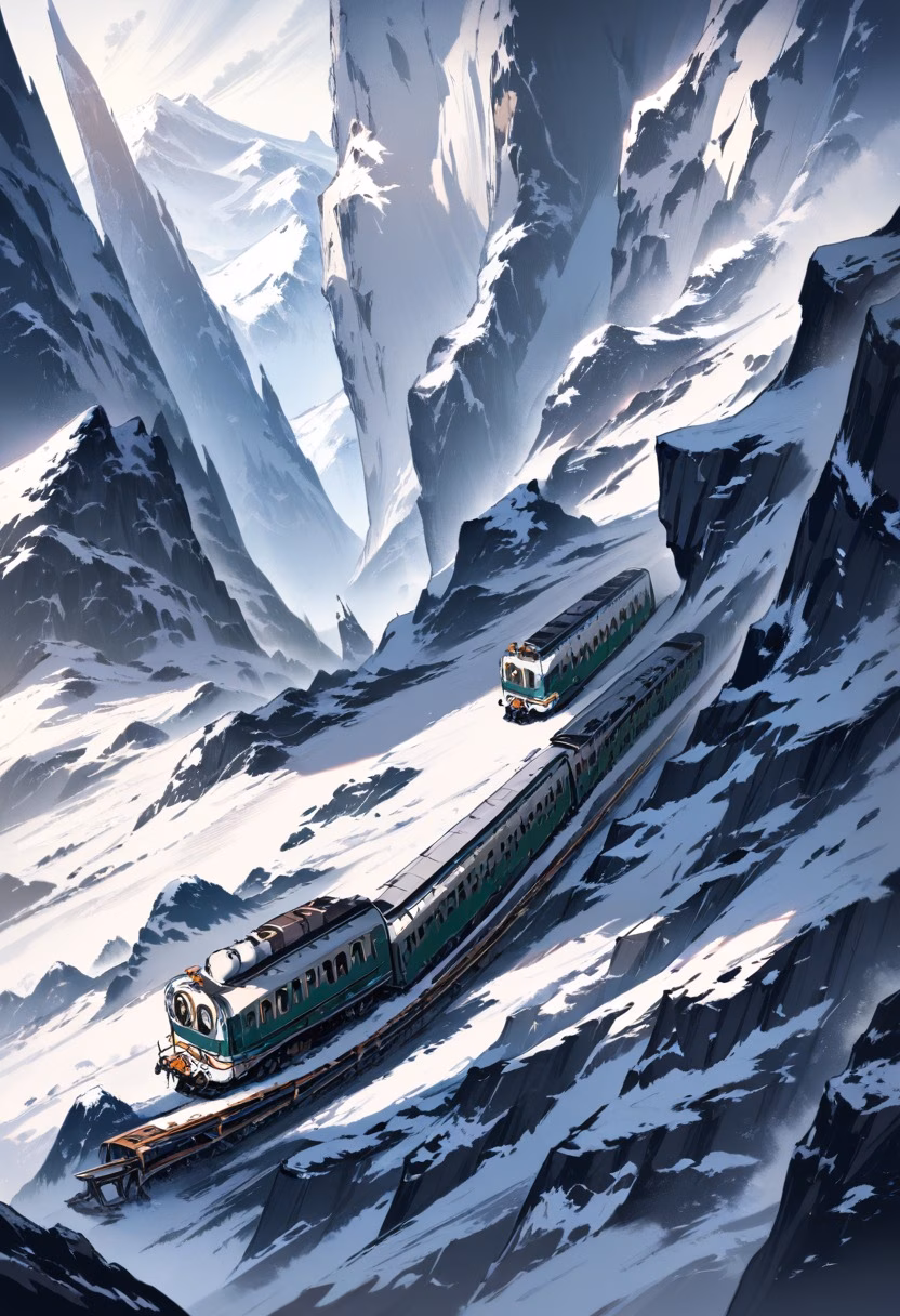 Mountain Train At Dusk — view 4 — vintage mountain train, winding along a steep alpine railway, faint clouds hugging distant snowy peaks, dusky lavender l