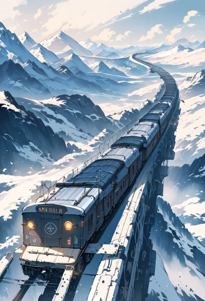 Mountain Train At Dusk — view 5 — vintage mountain train, winding along a steep alpine railway, faint clouds hugging distant snowy peaks, dusky lavender l