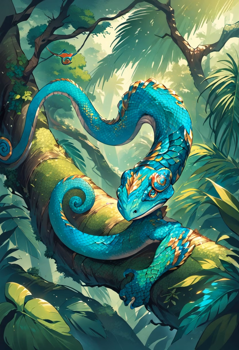 Vivid Rainforest Chameleon — view 1 — chameleon on branch, vivid green and blue scales, curled tail, tropical rainforest, macro detail, wildlife, detailed sca