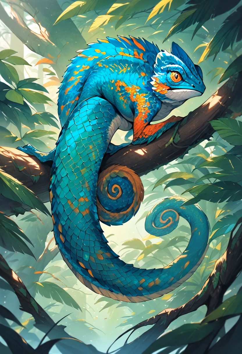 Vivid Rainforest Chameleon — view 2 — chameleon on branch, vivid green and blue scales, curled tail, tropical rainforest, macro detail, wildlife, detailed sca