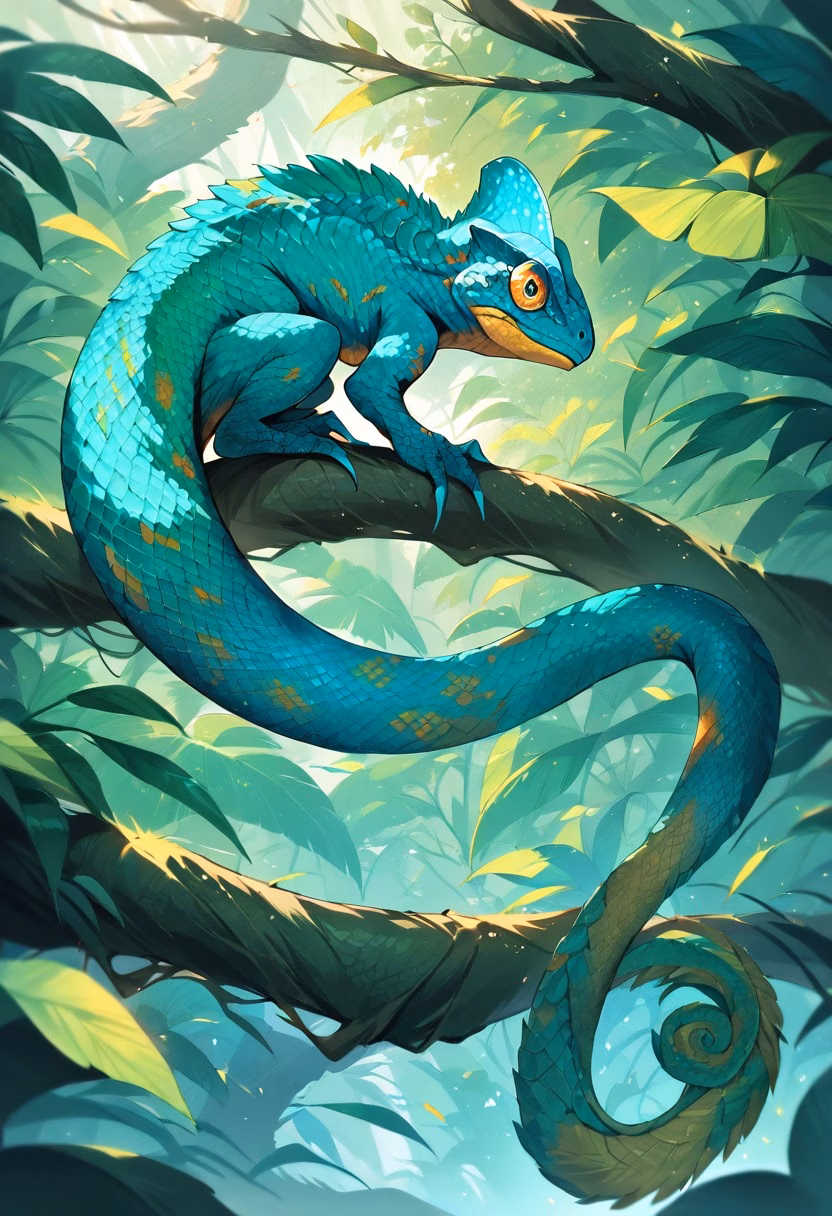 Vivid Rainforest Chameleon — view 3 — chameleon on branch, vivid green and blue scales, curled tail, tropical rainforest, macro detail, wildlife, detailed sca