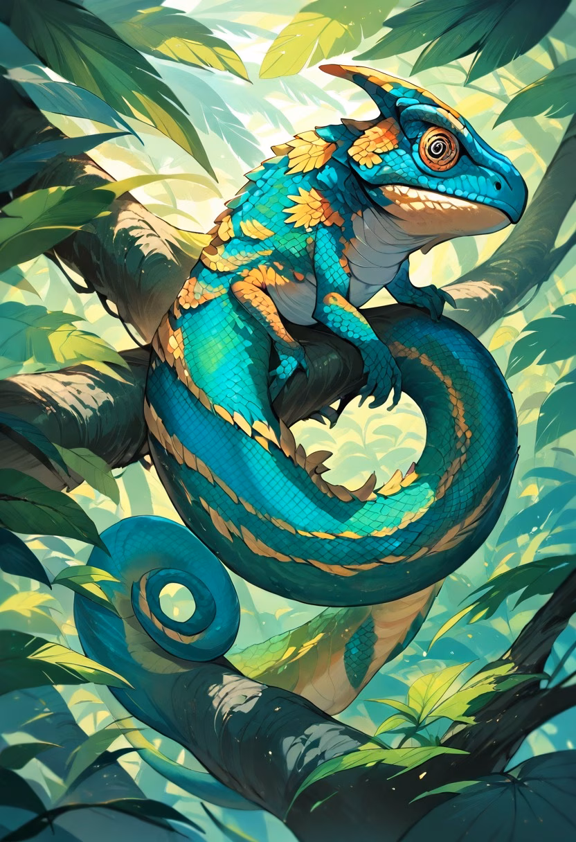 Vivid Rainforest Chameleon — view 4 — chameleon on branch, vivid green and blue scales, curled tail, tropical rainforest, macro detail, wildlife, detailed sca