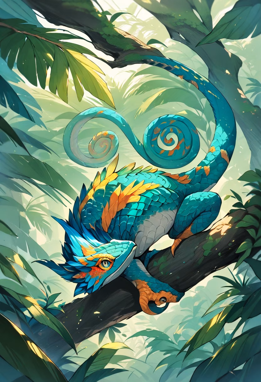 Vivid Rainforest Chameleon — view 5 — chameleon on branch, vivid green and blue scales, curled tail, tropical rainforest, macro detail, wildlife, detailed sca