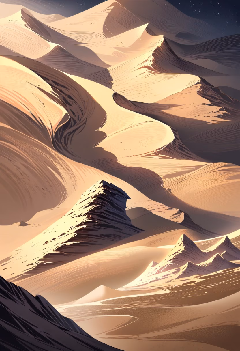 Desert Route By Night — view 1 — ancient desert caravan route, marked by scattered rocks under a starry sky, faint cool wind sweeping across dunes, deep 