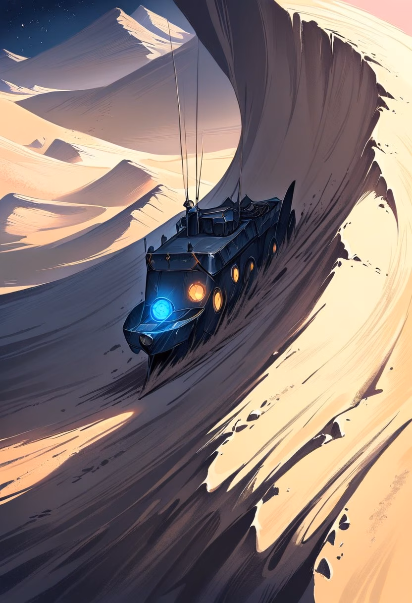Desert Route By Night — view 2 — ancient desert caravan route, marked by scattered rocks under a starry sky, faint cool wind sweeping across dunes, deep 