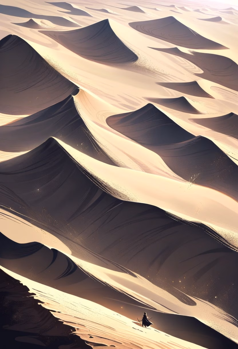 Desert Route By Night — view 3 — ancient desert caravan route, marked by scattered rocks under a starry sky, faint cool wind sweeping across dunes, deep 