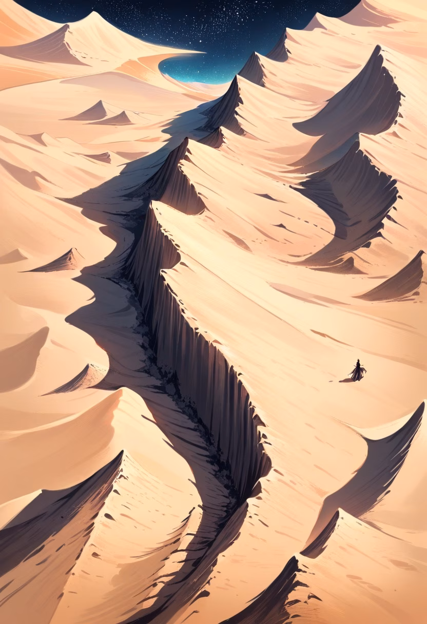 Desert Route By Night — view 4 — ancient desert caravan route, marked by scattered rocks under a starry sky, faint cool wind sweeping across dunes, deep 