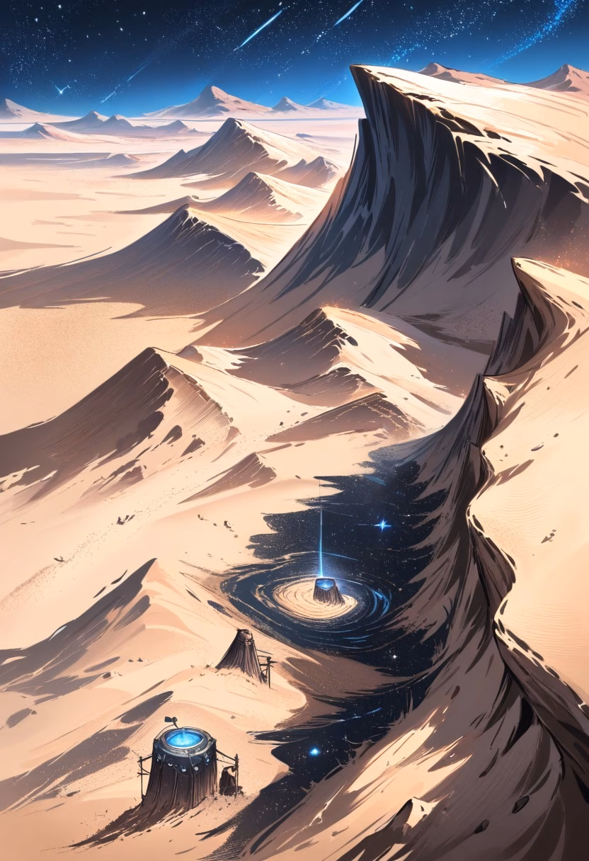 Desert Route By Night — view 5 — ancient desert caravan route, marked by scattered rocks under a starry sky, faint cool wind sweeping across dunes, deep 