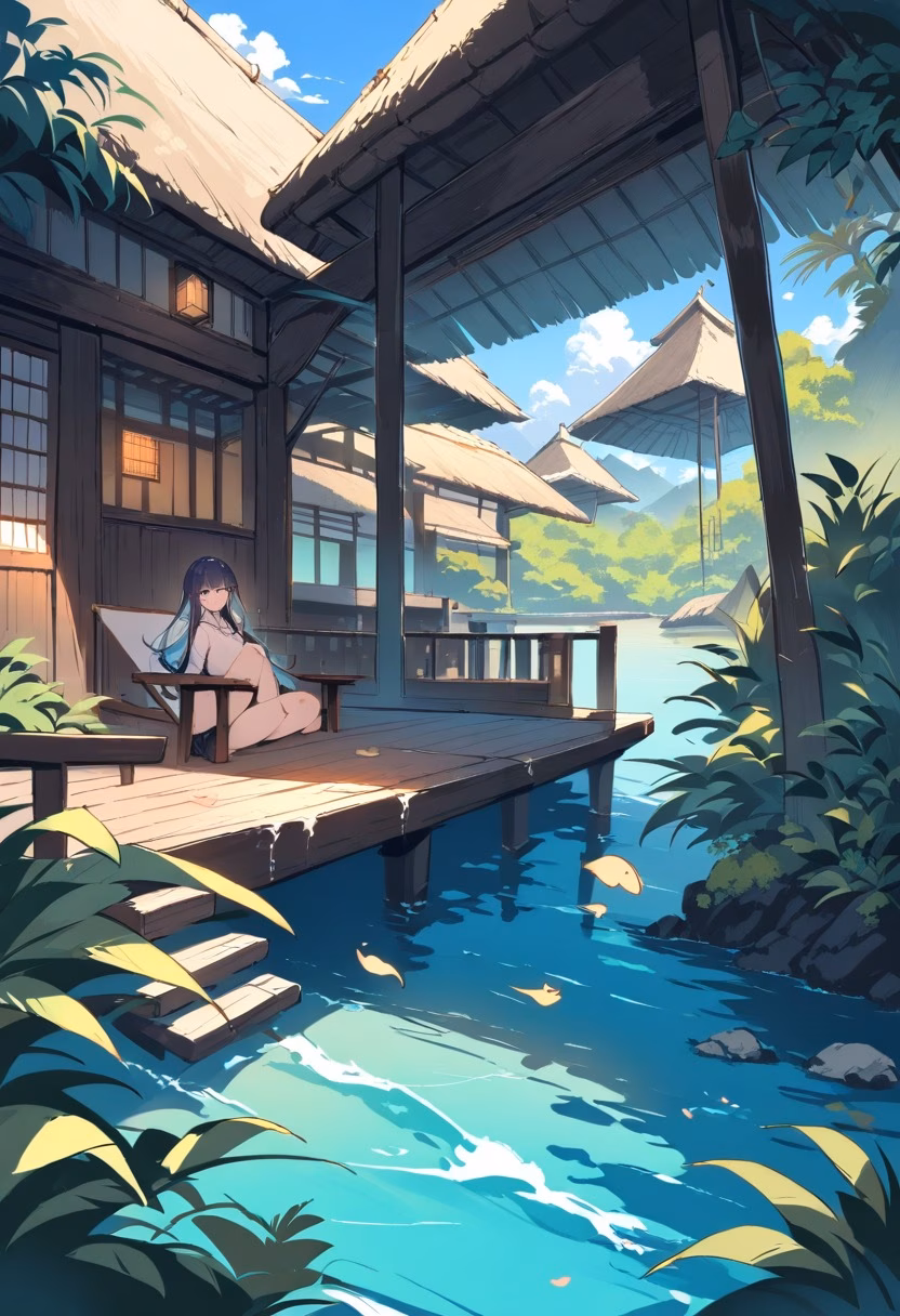 Overwater Bungalow At Dawn — view 1 — serene overwater bungalow, perched above a turquoise tropical lagoon, faint morning mist rising off calm water, soft daw