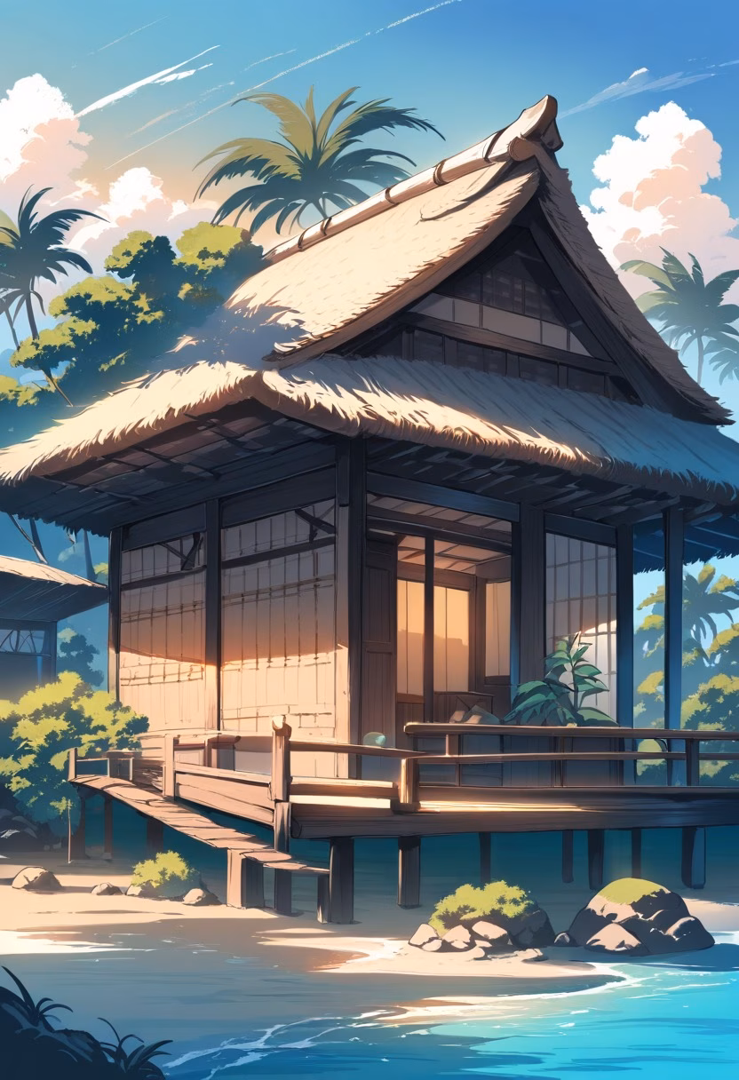 Overwater Bungalow At Dawn — view 2 — serene overwater bungalow, perched above a turquoise tropical lagoon, faint morning mist rising off calm water, soft daw