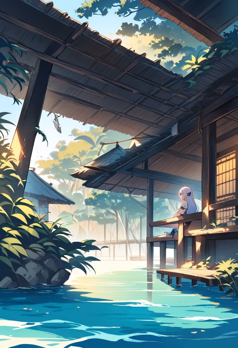 Overwater Bungalow At Dawn — view 3 — serene overwater bungalow, perched above a turquoise tropical lagoon, faint morning mist rising off calm water, soft daw