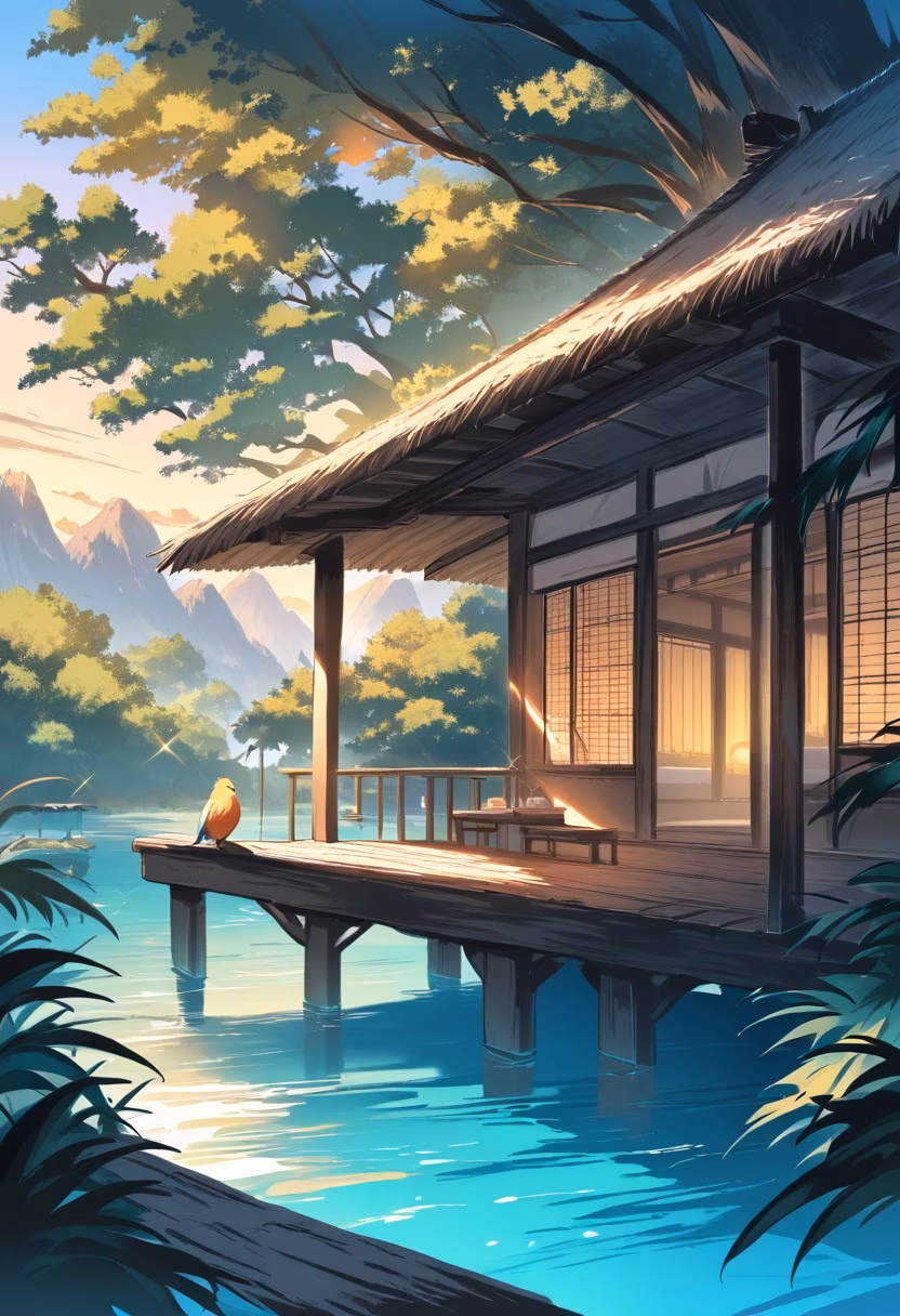 Overwater Bungalow At Dawn — view 4 — serene overwater bungalow, perched above a turquoise tropical lagoon, faint morning mist rising off calm water, soft daw