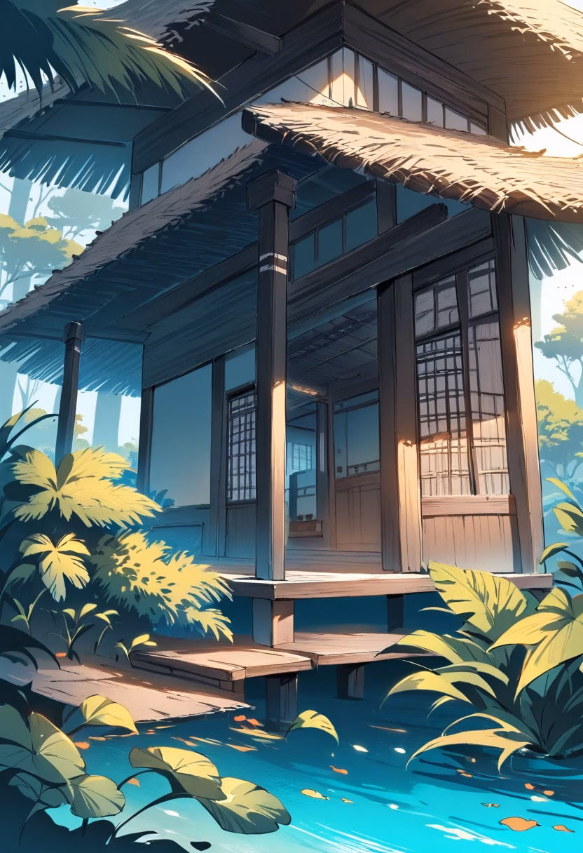 Overwater Bungalow At Dawn — view 5 — serene overwater bungalow, perched above a turquoise tropical lagoon, faint morning mist rising off calm water, soft daw