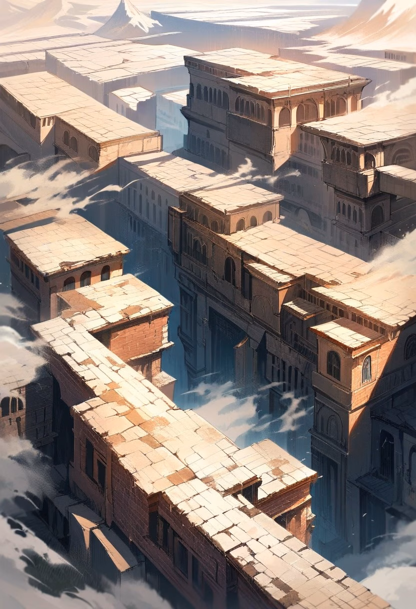 Silk Road Ruins — view 1 — crumbling silk road ruins, scattered across a dusty central asian plain, faint dust clouds swirling in the wind, bright 