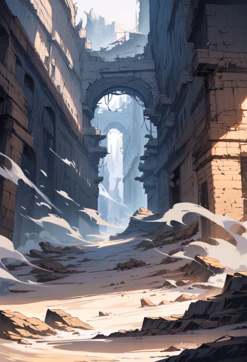 Silk Road Ruins — view 2 — crumbling silk road ruins, scattered across a dusty central asian plain, faint dust clouds swirling in the wind, bright