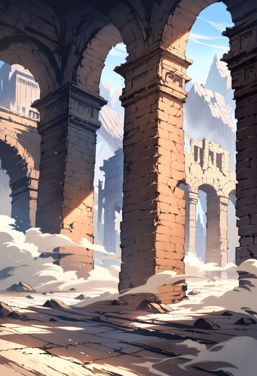 Silk Road Ruins — view 3 — crumbling silk road ruins, scattered across a dusty central asian plain, faint dust clouds swirling in the wind, bright