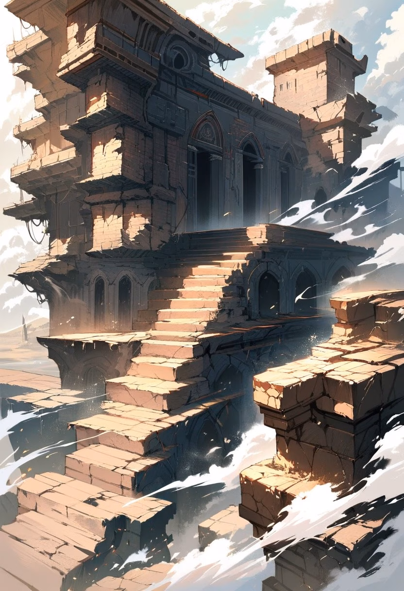 Silk Road Ruins — view 4 — crumbling silk road ruins, scattered across a dusty central asian plain, faint dust clouds swirling in the wind, bright