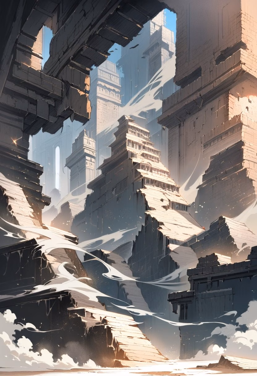Silk Road Ruins — view 5 — crumbling silk road ruins, scattered across a dusty central asian plain, faint dust clouds swirling in the wind, bright 