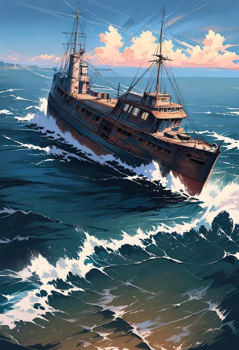 Ferry At Golden Hour — view 1 — weathered ferry boat, crossing a busy coastal harbor, faint seagulls circling above the wake, golden hour light, nostalg