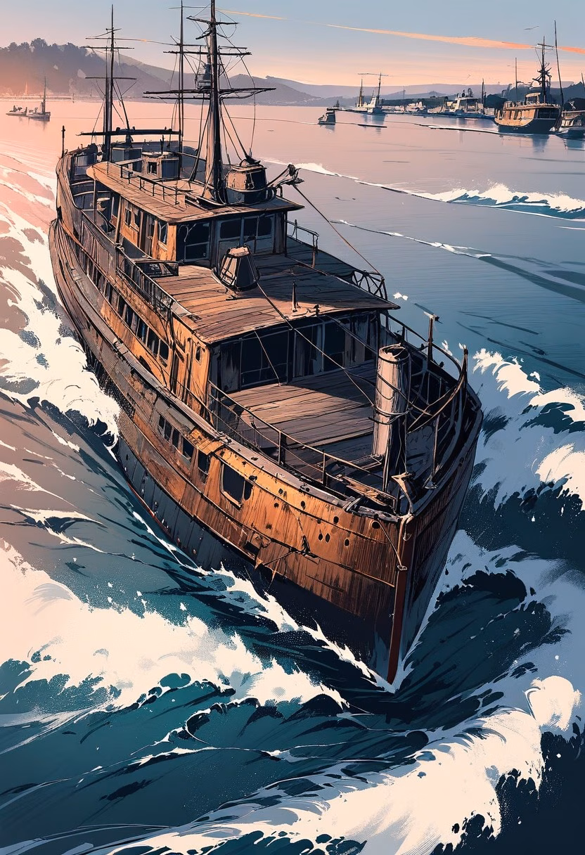 Ferry At Golden Hour — view 3 — weathered ferry boat, crossing a busy coastal harbor, faint seagulls circling above the wake, golden hour light, nostalg