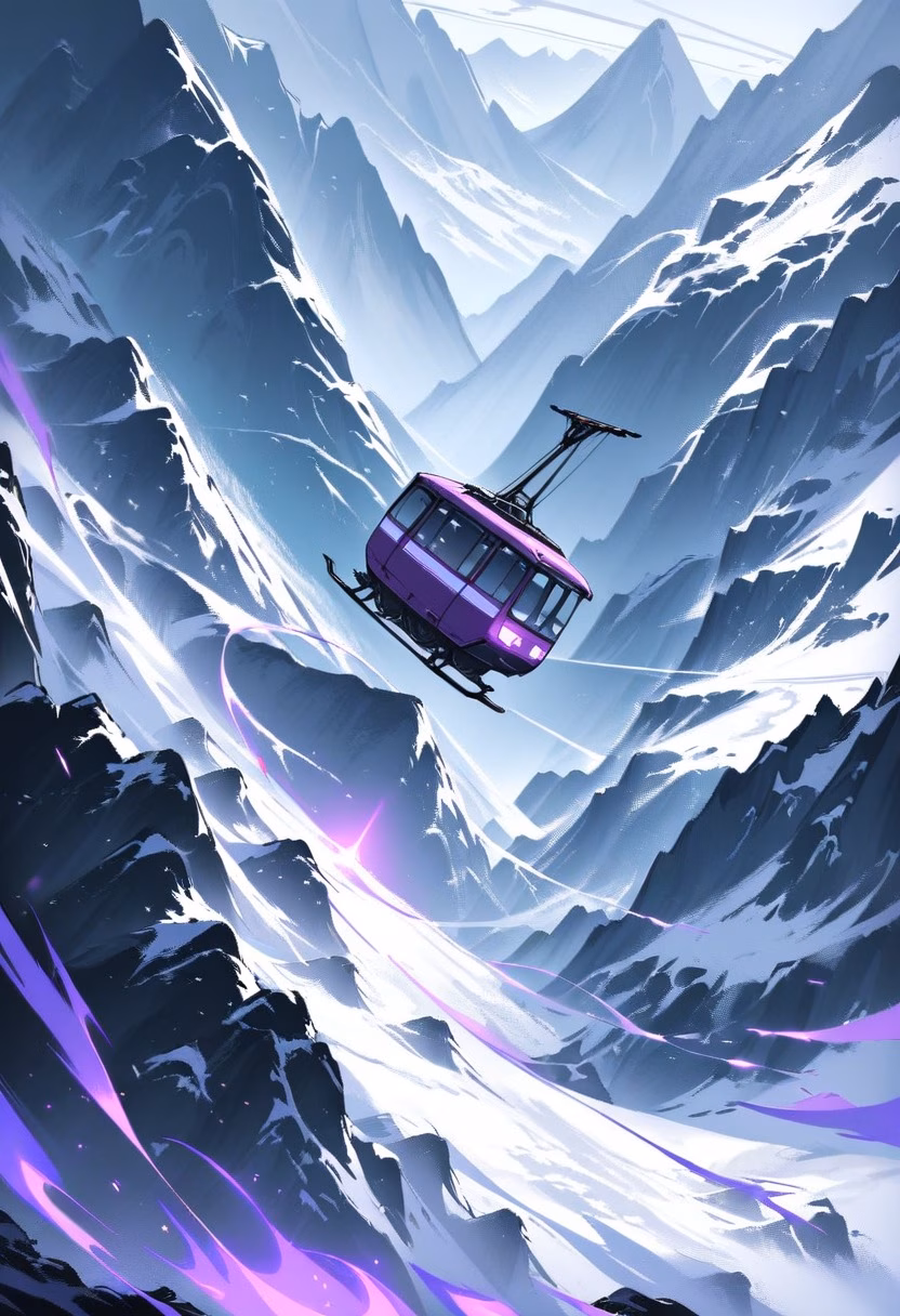 Cable Car At Dusk — view 1 — small alpine cable car, gliding above a steep snowy mountainside, faint clouds swirling around distant peaks, dusky purp