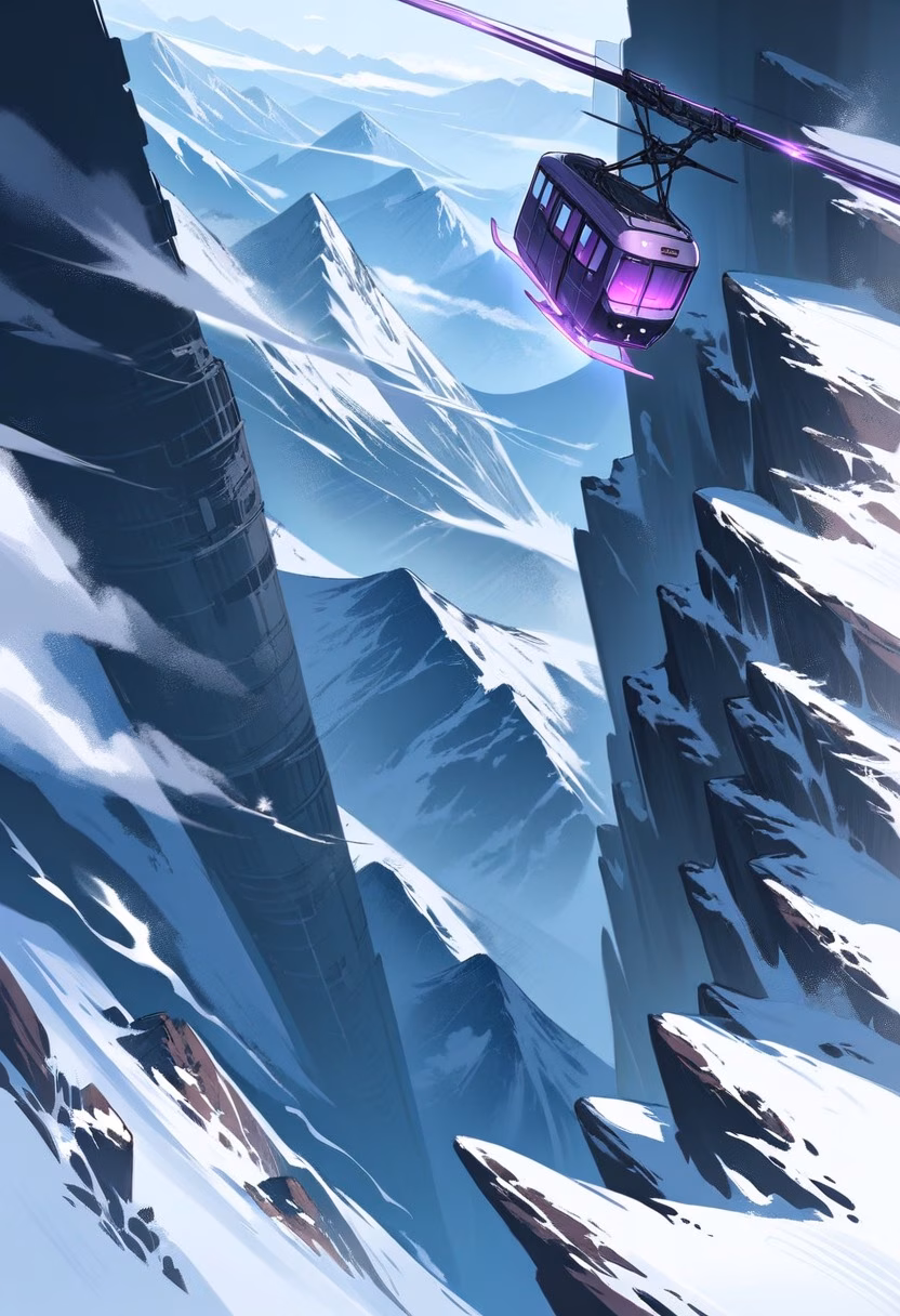 Cable Car At Dusk — view 2 — small alpine cable car, gliding above a steep snowy mountainside, faint clouds swirling around distant peaks, dusky purp