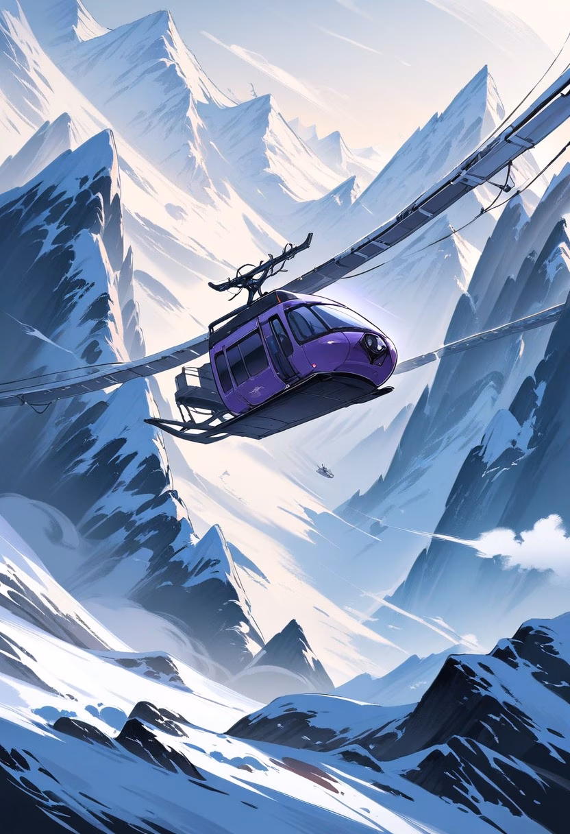 Cable Car At Dusk — view 3 — small alpine cable car, gliding above a steep snowy mountainside, faint clouds swirling around distant peaks, dusky purp