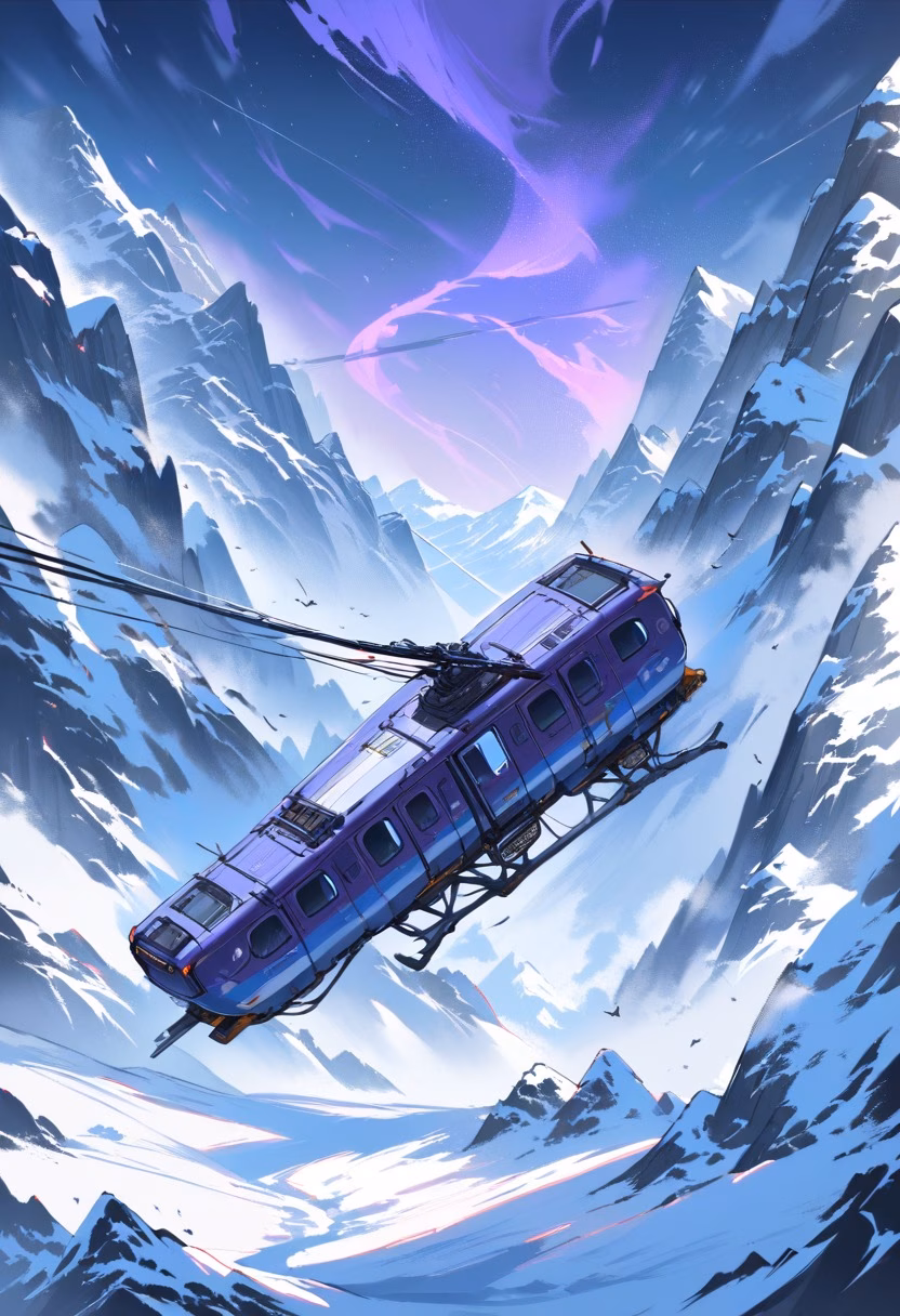 Cable Car At Dusk — view 4 — small alpine cable car, gliding above a steep snowy mountainside, faint clouds swirling around distant peaks, dusky purp