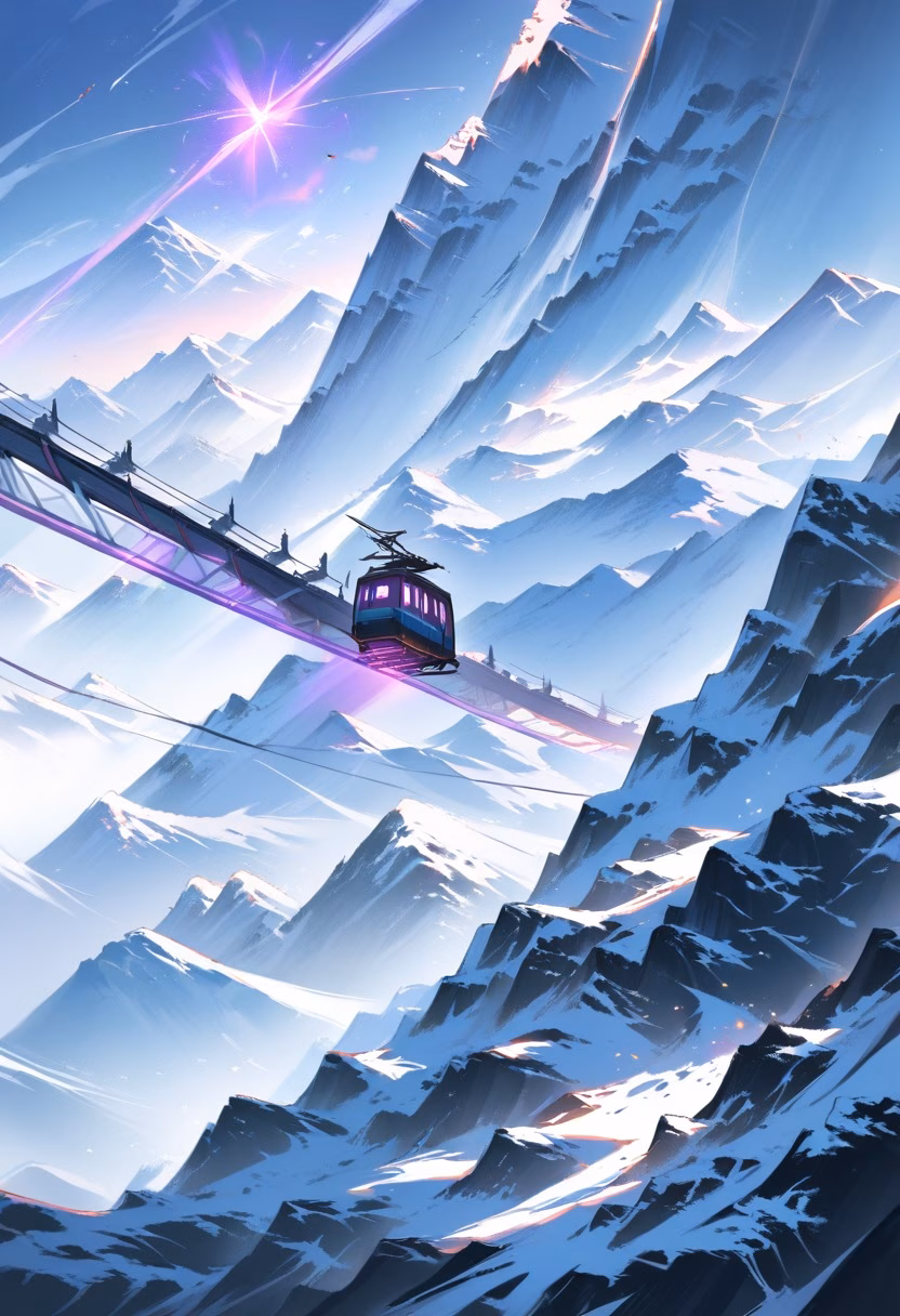 Cable Car At Dusk — view 5 — small alpine cable car, gliding above a steep snowy mountainside, faint clouds swirling around distant peaks, dusky purp