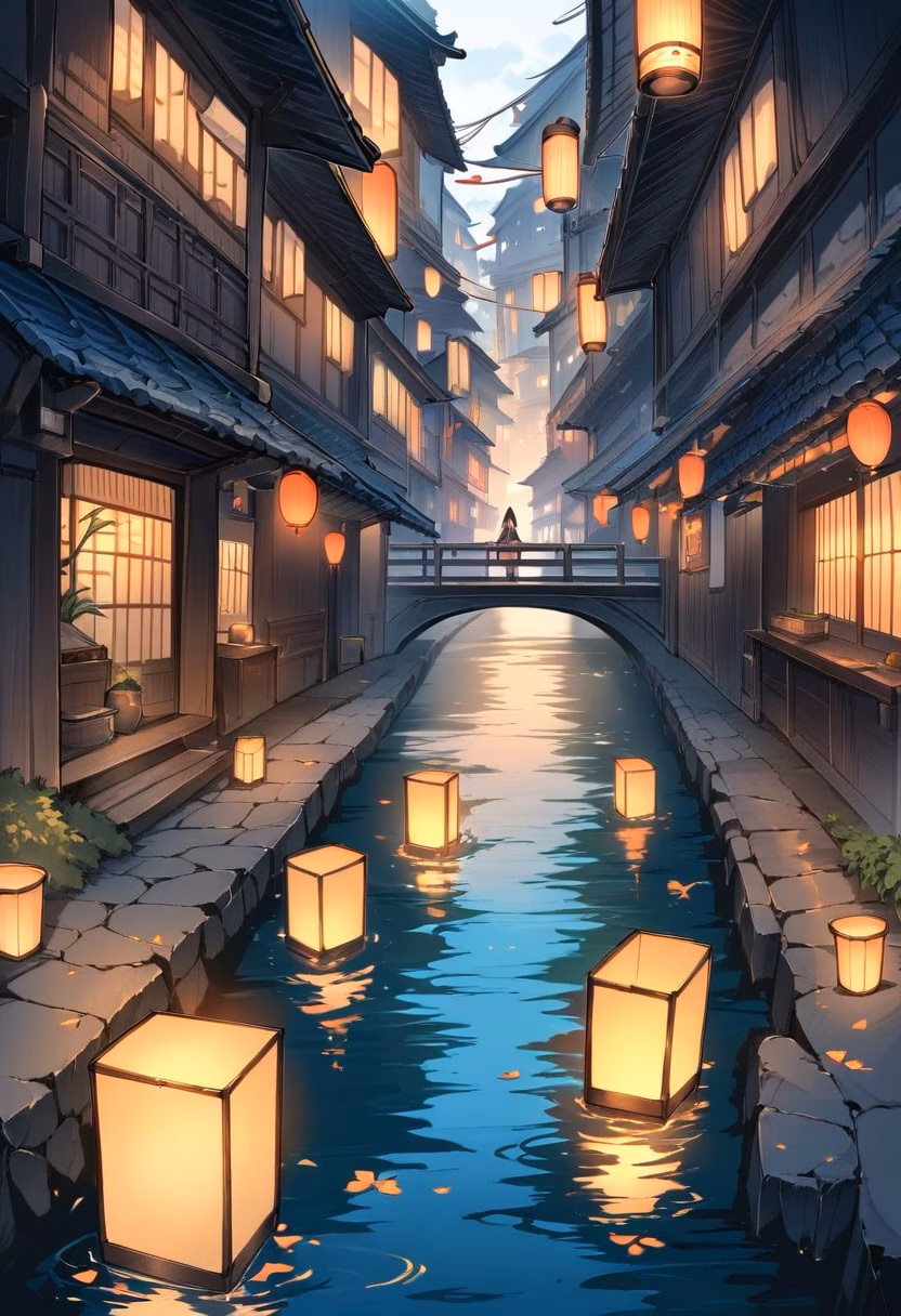 Riverside Market Town — view 1 — quaint riverside market town, lit by scattered lanterns along the water, faint reflections rippling across the dark rive