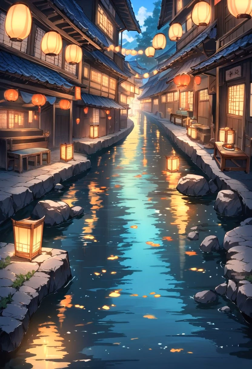 Riverside Market Town — view 2 — quaint riverside market town, lit by scattered lanterns along the water, faint reflections rippling across the dark rive