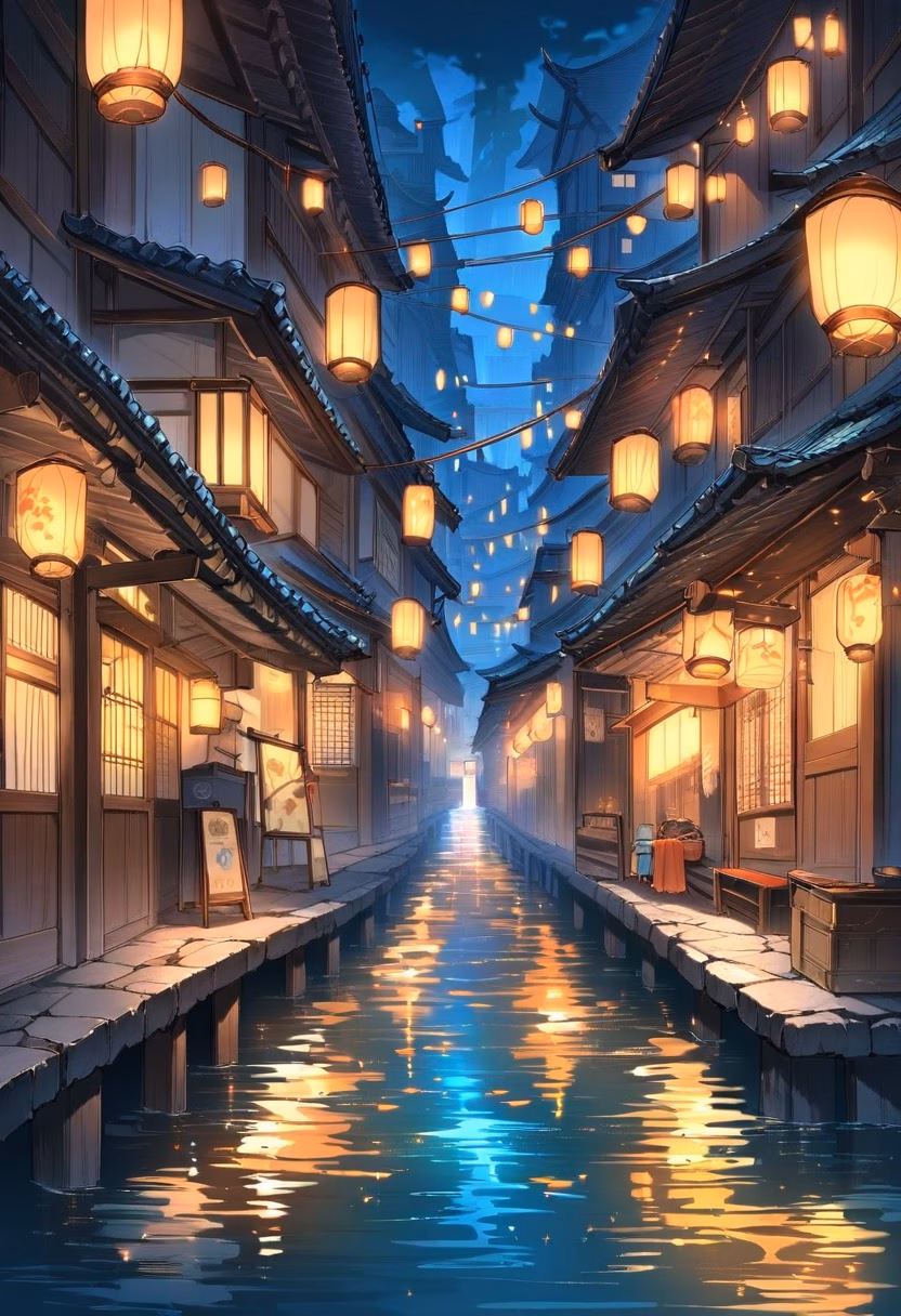 Riverside Market Town — view 3 — quaint riverside market town, lit by scattered lanterns along the water, faint reflections rippling across the dark rive