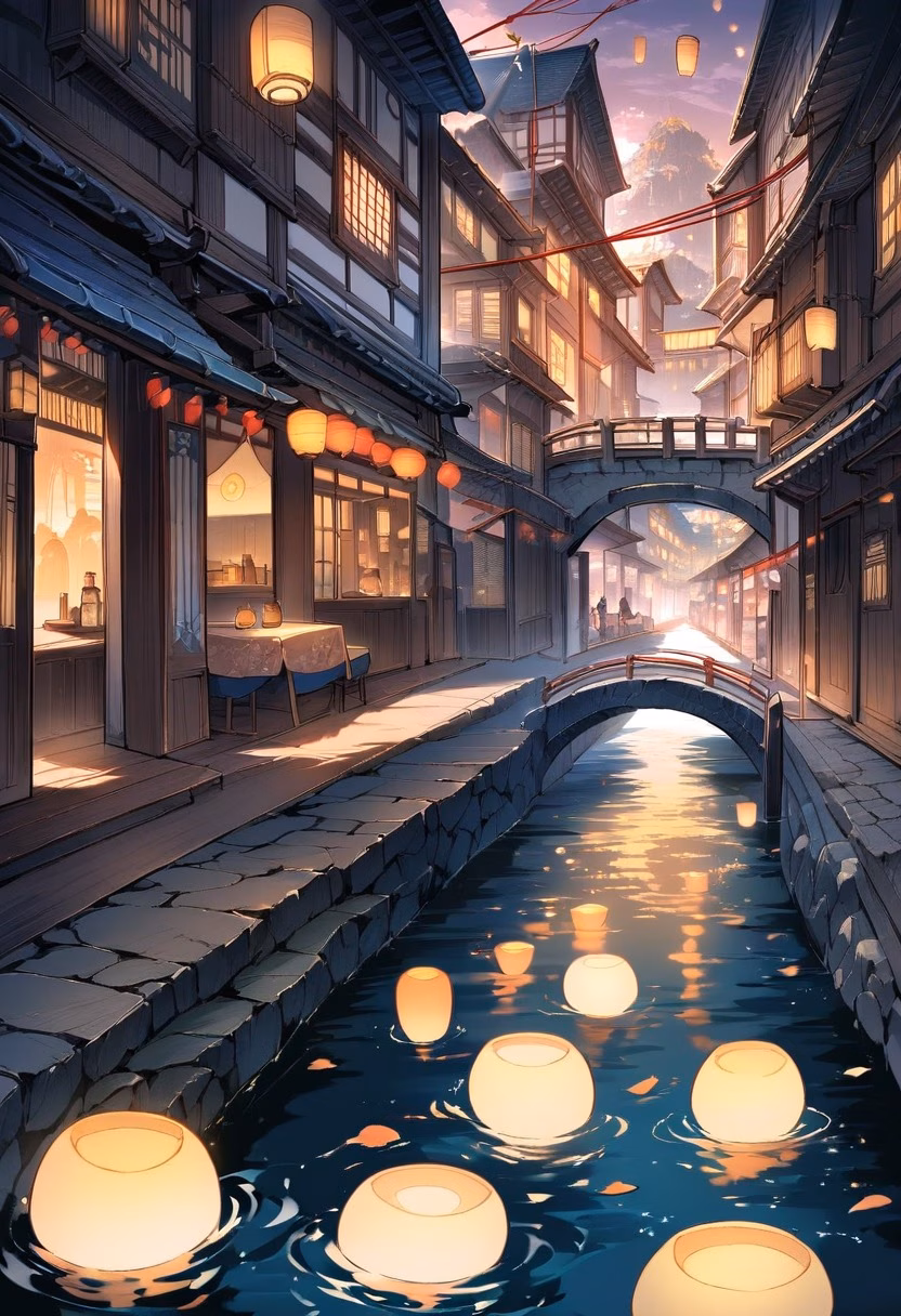 Riverside Market Town — view 4 — quaint riverside market town, lit by scattered lanterns along the water, faint reflections rippling across the dark rive
