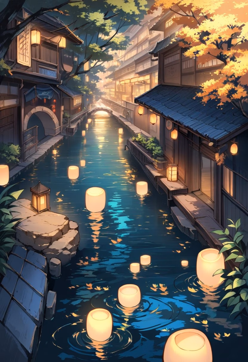 Riverside Market Town — view 5 — quaint riverside market town, lit by scattered lanterns along the water, faint reflections rippling across the dark rive
