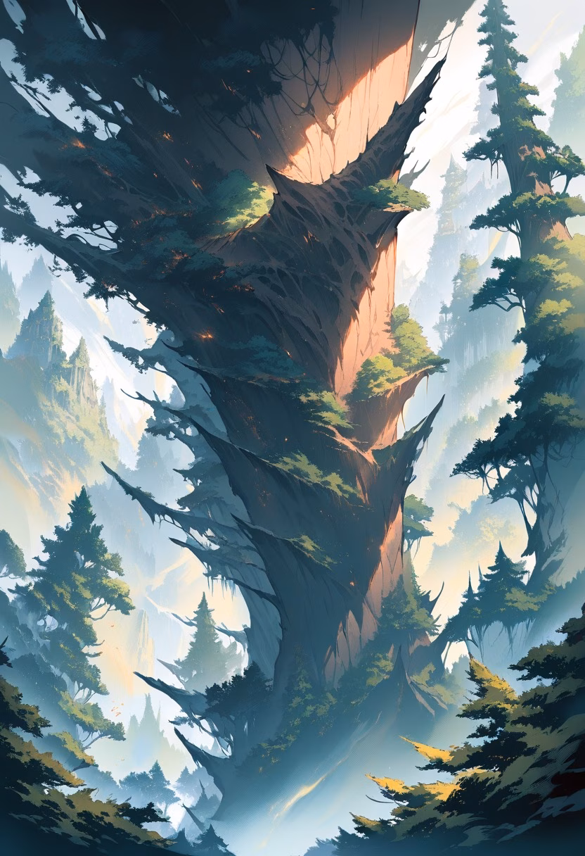 Redwood Forest At Dawn — view 1 — towering redwood forest, wrapped in low drifting morning fog, faint sunbeams piercing through dense canopy, soft dawn li