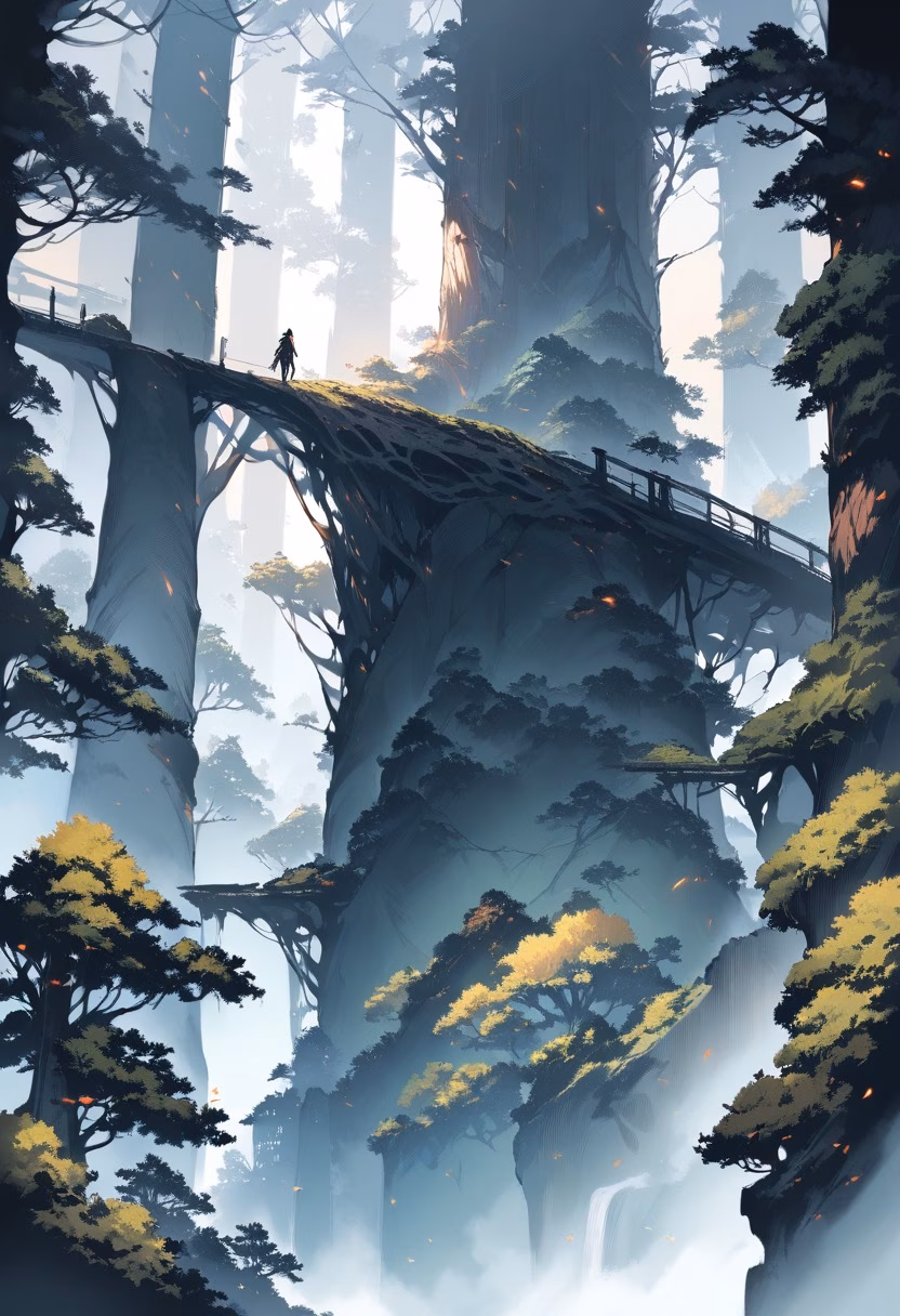 Redwood Forest At Dawn — view 2 — towering redwood forest, wrapped in low drifting morning fog, faint sunbeams piercing through dense canopy, soft dawn li