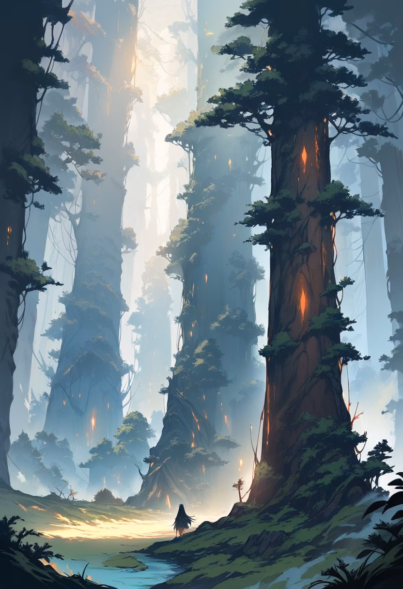 Redwood Forest At Dawn — view 3 — towering redwood forest, wrapped in low drifting morning fog, faint sunbeams piercing through dense canopy, soft dawn li