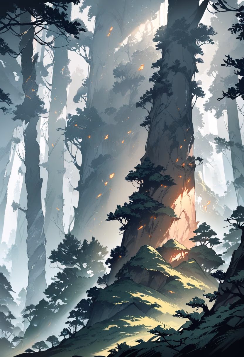 Redwood Forest At Dawn — view 4 — towering redwood forest, wrapped in low drifting morning fog, faint sunbeams piercing through dense canopy, soft dawn li