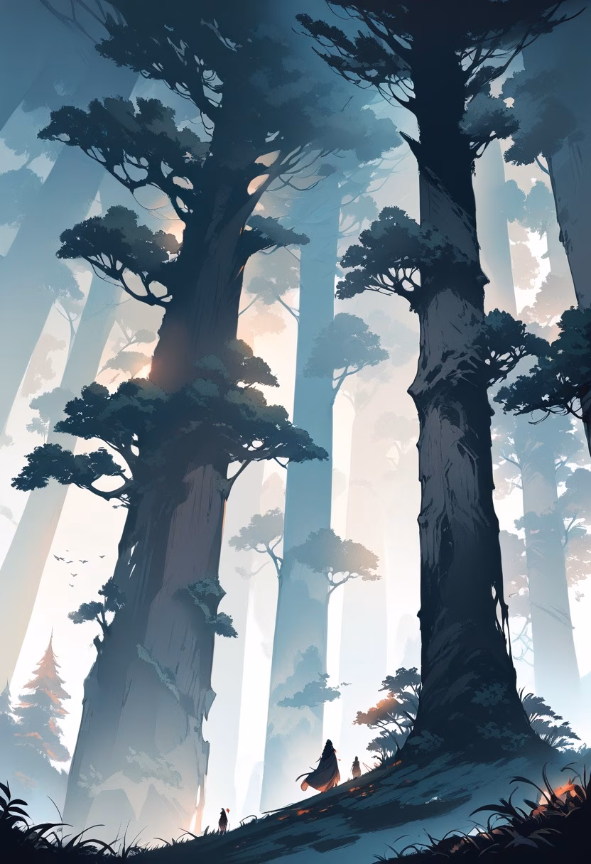 Redwood Forest At Dawn — view 5 — towering redwood forest, wrapped in low drifting morning fog, faint sunbeams piercing through dense canopy, soft dawn li