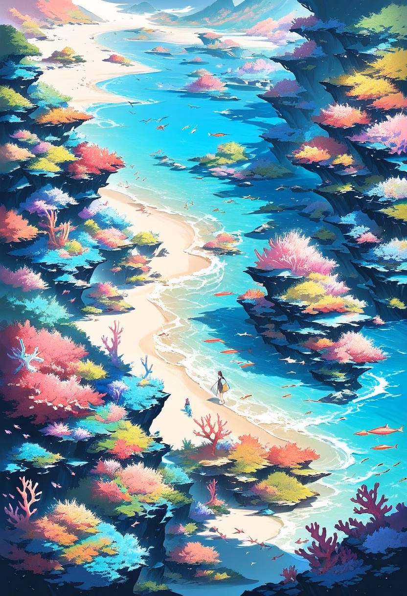 Coral Reef By Day — view 1 — vibrant coral reef, teeming beneath clear turquoise ocean water, faint schools of fish darting nearby, bright daylight, 
