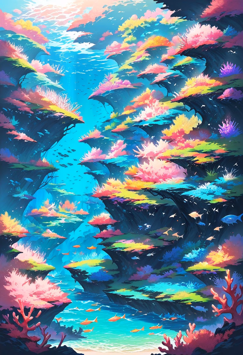Coral Reef By Day — view 2 — vibrant coral reef, teeming beneath clear turquoise ocean water, faint schools of fish darting nearby, bright daylight,