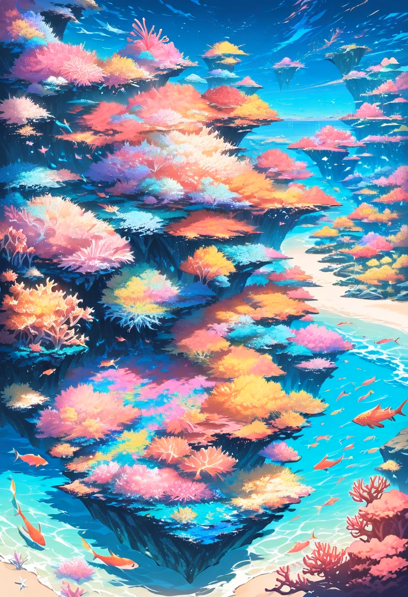 Coral Reef By Day — view 3 — vibrant coral reef, teeming beneath clear turquoise ocean water, faint schools of fish darting nearby, bright daylight,