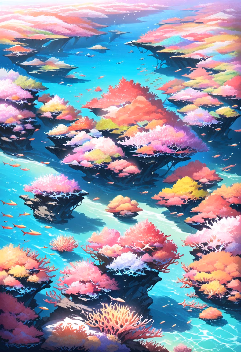 Coral Reef By Day — view 4 — vibrant coral reef, teeming beneath clear turquoise ocean water, faint schools of fish darting nearby, bright daylight,