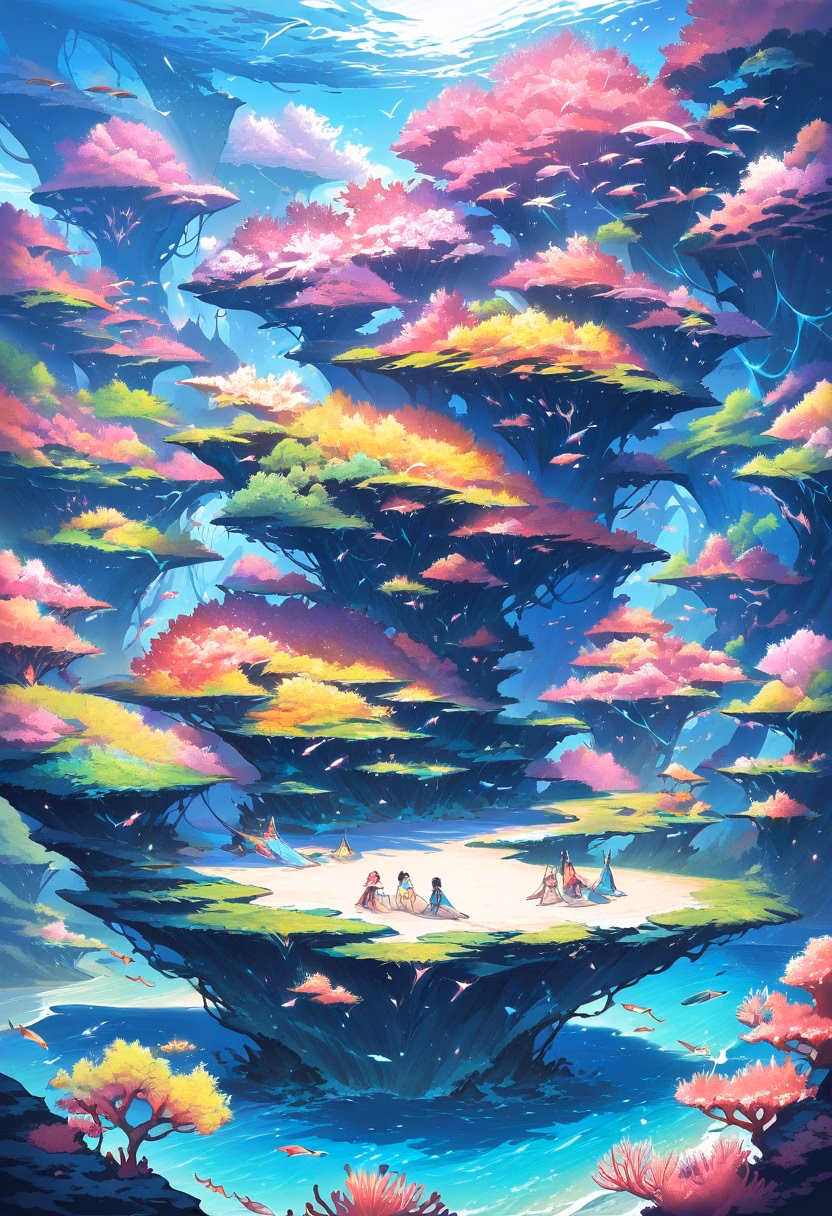 Coral Reef By Day — view 5 — vibrant coral reef, teeming beneath clear turquoise ocean water, faint schools of fish darting nearby, bright daylight, 